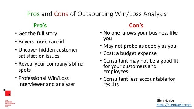 Pros and Cons of Outsourcing Win/Loss Analysis
Pro’s
• Get the full story
• Buyers more candid
• Uncover hidden customer
satisfaction issues
• Reveal your company’s blind
spots
• Professional Win/Loss
interviewer and analyzer
Con’s
• No one knows your business like
you
• May not probe as deeply as you
• Cost: a budget expense
• Consultant may not be a good fit
for your customers and
employees
• Consultant less accountable for
results
Ellen Naylor
https://EllenNaylor.com
 