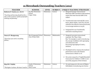 10 Metrobank Outstanding Teachers (2012)
TEACHER SCHOOL LEVEL SUBJECT UNIQUE TEACHING STRATEGIES
Roberto D. Santos, Jr., Ed. D.
“Teaching and learning should not be a
‘hit or miss’ scenario. It takes purposeful
thinking and planning.”
Sta. Rita Elementary
School
Capas, Tarlac
Elementary Science  Designed Strategic Interventional
Materials (SIM) intended to help students
master their least learned skills in the
subject.
 Transformed waste materials like carton
boxes, plastic bottles, used CDs, and old
calendars into effective instructional tools
to encourage students to recycle
 Integrated the use of multimedia
materials in teaching Science
Nueva P. Mangaoang
“If you love your work, everything
follows.”
Ma-It Integrated School
City of Passi, Iloilo
Elementary Mathematics  Designed innovative instructional
materials. The “Place Value
Box,” for example, is used in introducing
the concept of addition with regrouping
and subtraction with
borrowing/regrouping to Grade 3
students.
 Developed tools to measure the students’
performance such as the Division
Achievement in Math I to IV
 Her action research on “English Remedial
Instruction for Children” or ERIC is now
one of the programs of their division.
Rizal M. Vidallo
“The higher I achieve, the lower I need to
Anabu II Elementary
School
Imus, Cavite
Elementary Science  He used songs set to the tune of Filipino
folk ballads in introducing new Science
 