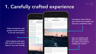 1. Carefully crafted experience
User can simply scroll
down to easily dismiss
the video and continue
reading the content
Polite introduction with
gradual visual transition
to be less interruptive
Starts playing only when
70% of ad is in view which
makes it very user friendly
Countdown timer informs
users about short length and
improves completion rates
 
