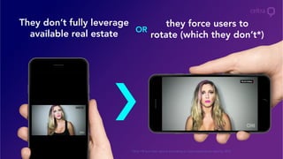 They don’t fully leverage
available real estate
they force users to
rotate (which they don’t*)
OR
*Only 1% turn their device according to Celtra benchmark reports, 2015
 