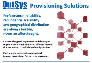 Provisioning Solutions
Performance, reliability,
redundancy, scalability
and geographical distribution
are always built-in,
never an afterthought.

Systems designed, engineered and developed
to guarantee the reliability and efficiency levels
that are essential to the broadband providers.

Environments where the service level
is always crucial and failure is not an option.
 