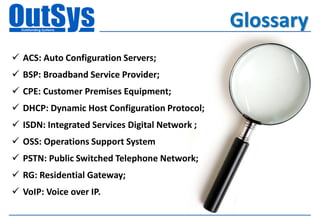 Glossary
 ACS: Auto Configuration Servers;
 BSP: Broadband Service Provider;
 CPE: Customer Premises Equipment;
 DHCP: Dynamic Host Configuration Protocol;
 ISDN: Integrated Services Digital Network ;
 OSS: Operations Support System
 PSTN: Public Switched Telephone Network;
 RG: Residential Gateway;
 VoIP: Voice over IP.
 
