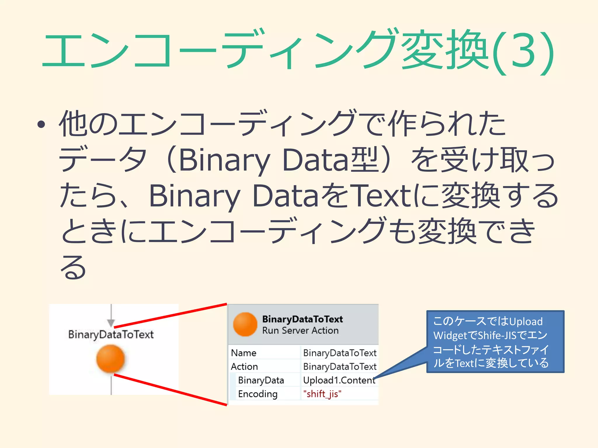 エンコーディング変換(3)
• 他のエンコーディングで作られた
データ（Binary Data型）を受け取っ
たら、Binary DataをTextに変換する
ときにエンコーディングも変換でき
る
このケースではUpload
WidgetでShife-JISでエン
コードしたテキストファイ
ルをTextに変換している
 