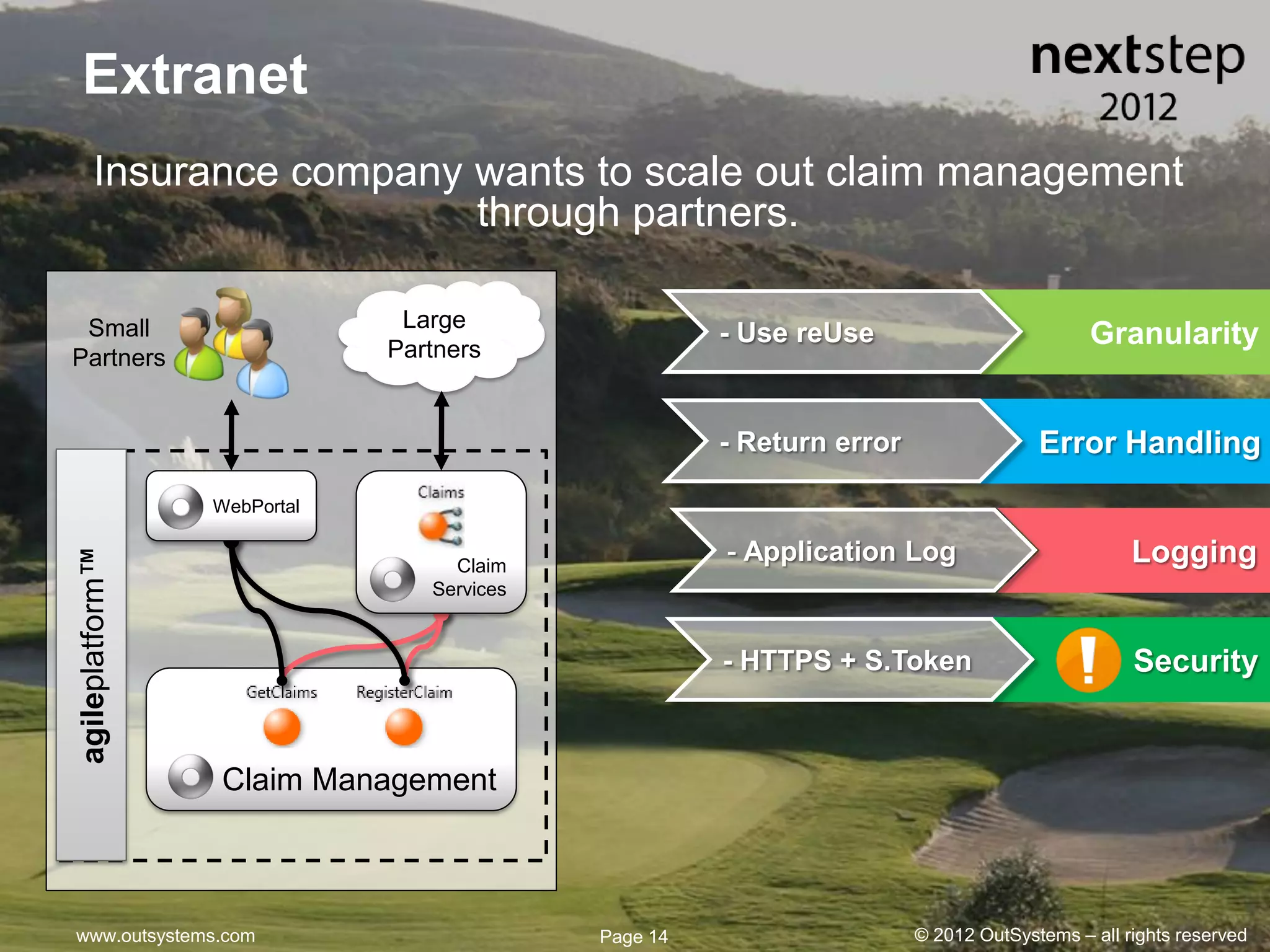 Extranet
      Insurance company wants to scale out claim management
                        through partners.

 Small                        Large
                             Partners
                                                     - Use reUse                          Granularity
Partners


                                                     - Return error                 Error Handling
                 WebPortal

                                                     - Application Log                         Logging
agileplatform™




                                  Claim
                                Services


                                                     - HTTPS + S.Token                         Security


                 Claim Management



www.outsystems.com                         Page 14                    © 2012 OutSystems – all rights reserved
 