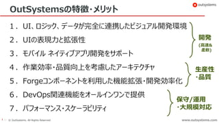 13 © OutSystems. All Rights Reserved www.outsystems.comwww.outsystems.com
OutSystemsの特徴・メリット
１．UI、ロジック、データが完全に連携したビジュアル開発環境
２．UIの表現力と拡張性
３．モバイル ネイティブアプリ開発をサポート
４．作業効率・品質向上を考慮したアーキテクチャ
５．Forgeコンポーネントを利用した機能拡張・開発効率化
６．DevOps関連機能をオールインワンで提供
７．パフォーマンス・スケーラビリティ
開発
(高速&
柔軟)
生産性
・品質
保守/運用
・大規模対応
 