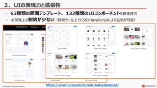 © OutSystems. All Rights Reserved
２．UIの表現力と拡張性
• 63種類の画面テンプレート、 132種類のUIコンポーネントを標準提供
• UI開発上の制約が少ない（開発ツール上でCSSやJavaScriptによる拡張が可能）
https://www.outsystems.com/outsystems-ui/
 