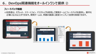 © OutSystems. All Rights Reserved
６．DevOps関連機能をオールインワンで提供 ②
フィードバック機能
◎利用者は、タブレット、スマートフォン、デスクトップを使用して開発チームにフィードバックを提供し、要件を
正確に伝えることができます。開発チームは、問題の画面に直接ジャンプして変更を実施できます。
 