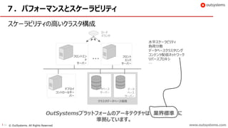 www.outsystems.com46 © OutSystems. All Rights Reserved www.outsystems.com
７．パフォーマンスとスケーラビリティ
スケーラビリティの高いクラスタ構成
フロントエン
ド
サーバー
クラスタデータベース環境
… フロント
エンド
サーバー
データベース
サーバー
データ
ベース
サーバー
デプロイ
コントロールサー
バー
OutSystemsプラットフォームのアーキテクチャは 業界標準 に
準拠しています。
水平スケーラビリティ
負荷分散
データベースクラスタリング
コンテンツ配信ネットワーク
リバースプロキシ
…
ロード
バランサ
 