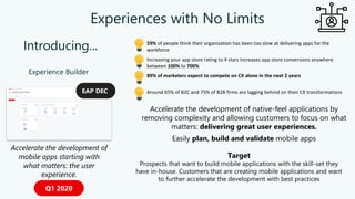 89% of marketers expect to compete on CX alone in the next 2 years
Accelerate the development of
mobile apps starting with
what matters: the user
experience.
Experiences with No Limits
Experience Builder
Introducing...
Q1 2020
EAP DEC
59% of people think their organization has been too slow at delivering apps for the
workforce
Increasing your app store rating to 4 stars increases app store conversions anywhere
between 100% to 700%
Around 65% of B2C and 75% of B2B firms are lagging behind on their CX transformations
Accelerate the development of native-feel applications by
removing complexity and allowing customers to focus on what
matters: delivering great user experiences.
Easily plan, build and validate mobile apps
Target
Prospects that want to build mobile applications with the skill-set they
have in-house. Customers that are creating mobile applications and want
to further accelerate the development with best practices
 