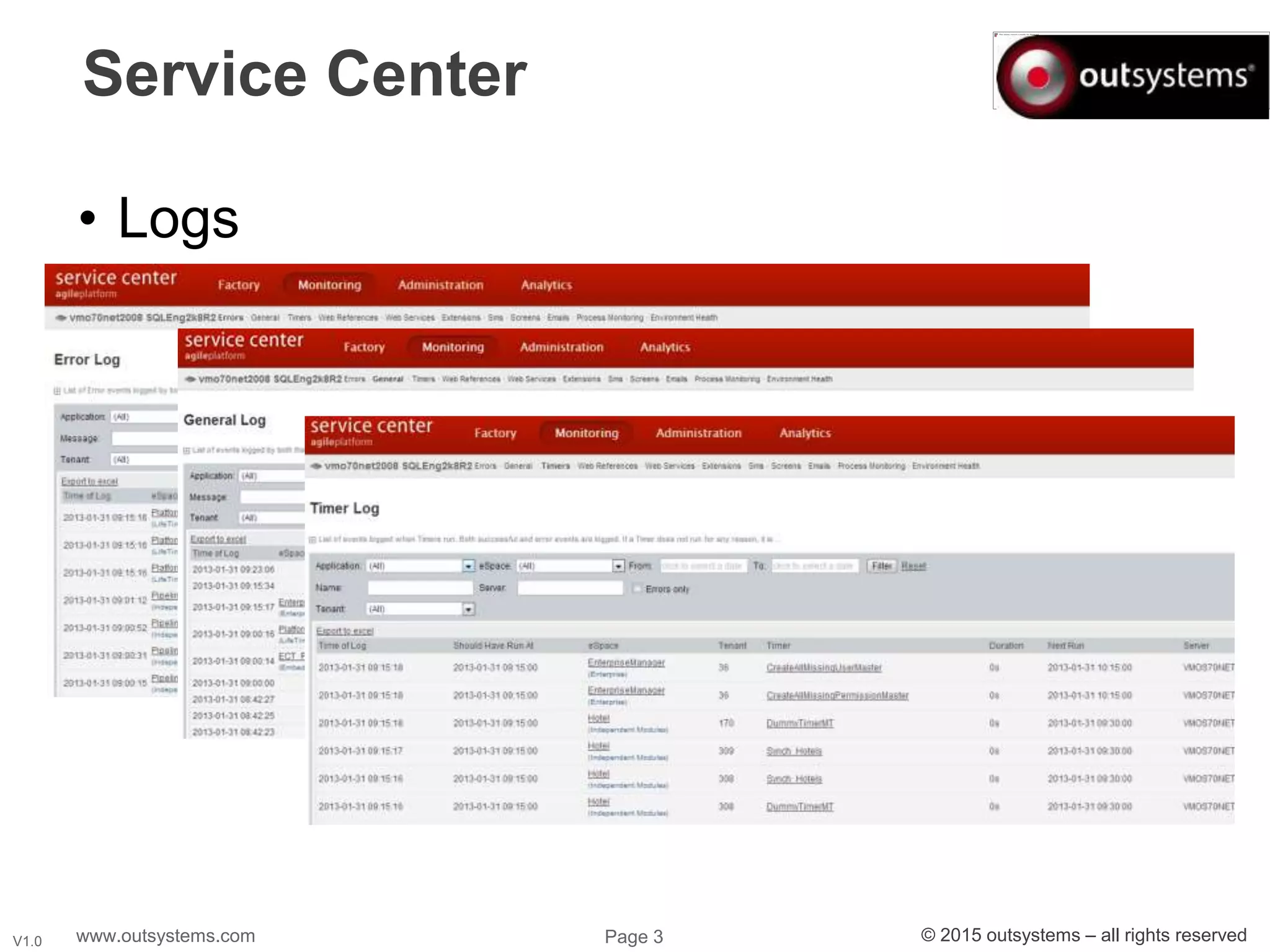 www.outsystems.com Page 3 © 2015 outsystems – all rights reservedV1.0
Service Center
• Logs
 