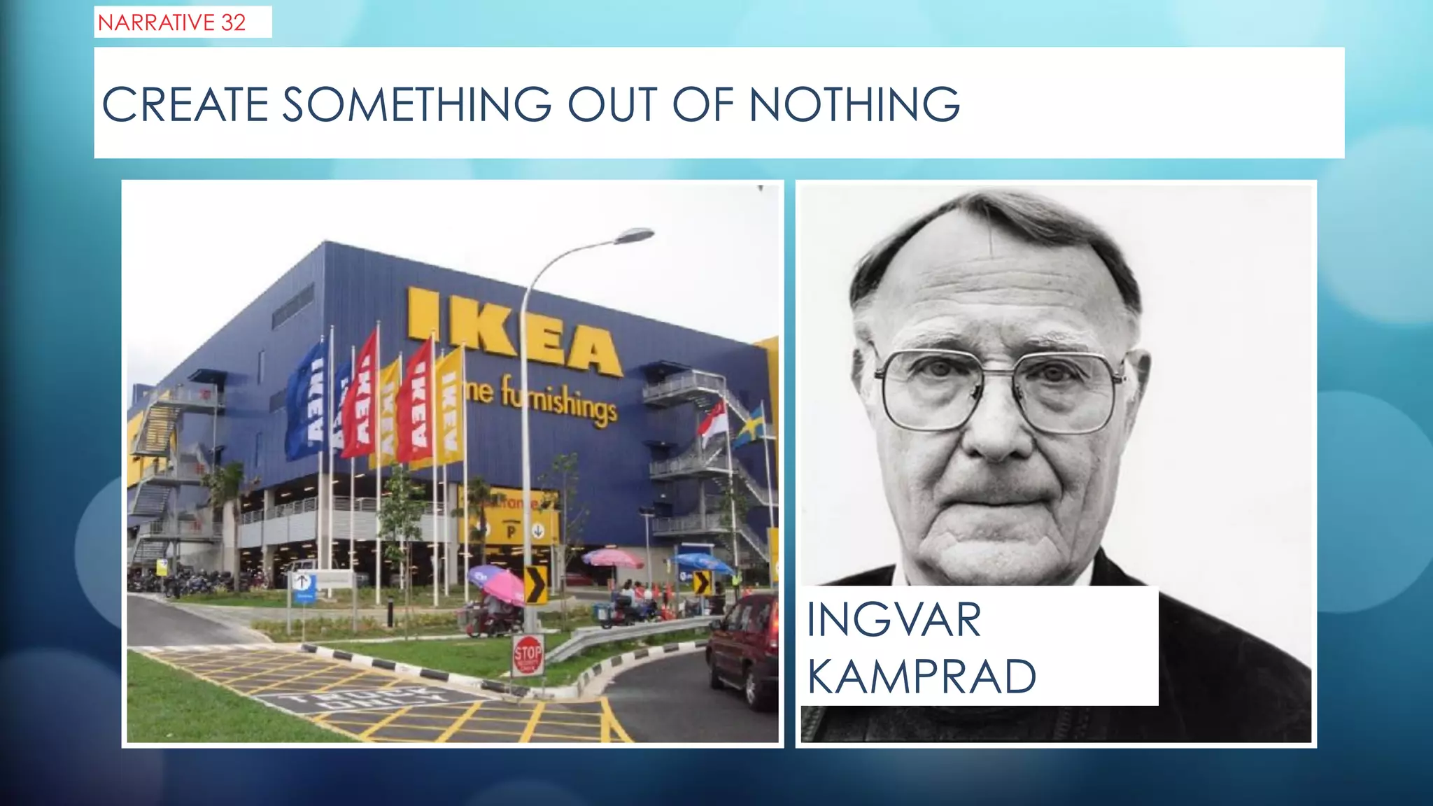 CREATE SOMETHING OUT OF NOTHING
NARRATIVE 32
INGVAR
KAMPRAD
 