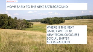 WHERE IS THE NEXT
BATTLEGROUND?
NEW TECHNOLOGIES?
SOCIAL SHIFTS?
GEOGRAPHIES?
MOVE EARLY TO THE NEXT BATTLEGROUND
NARRATIVE 22
 