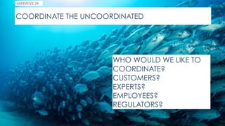 COORDINATE THE UNCOORDINATED
NARRATIVE 34
WHO WOULD WE LIKE TO
COORDINATE?
CUSTOMERS?
EXPERTS?
EMPLOYEES?
REGULATORS?
 