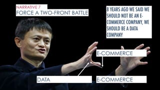 E-COMMERCE
E-COMMERCE
DATA
NARRATIVE 7
FORCE A TWO-FRONT BATTLE
8 YEARS AGO WE SAID WE
SHOULD NOT BE AN E-
COMMERCE COMPANY, WE
SHOULD BE A DATA
COMPANY
 