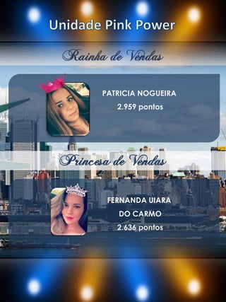 Rainha de Vendas
Princesa de Vendas
PATRICIA NOGUEIRA
2.959 pontos
FERNANDA UIARA
DO CARMO
2.636 pontos
 