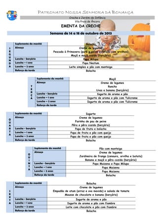 PATRONATO NOSSA SENHORA DA BONANÇA
Creche e Jardim-de-Infância
Vila Praia de Âncora
EMENTA DA CRECHE
Semana de 14 a 18 de outubro de 2013
S
E
G
U
N
D
A
Suplemento da manhã Bolacha
Almoço Creme de legumes
Pescada à Primavera (puré e peixe estufado com ervilhas)
Maçã e maçã cozida (berçário)
Lanche - berçário Papa Milupa
Lanche – 1 ano Papa Nestum
Lanche – 2 anos Leite simples e pão com manteiga
Reforço da tarde Bolacha
T
E
R
Ç
A
Suplemento da manhã Maçã
Almoço Creme de legumes
Rancho
Uvas e banana (berçário)
Lanche - berçário Iogurte de aroma e pão
Lanche – 1 ano Iogurte de aroma e pão com Tulicreme
Lanche – 2 anos Iogurte de aroma e pão com Tulicreme
Reforço da tarde
Q
U
A
R
T
A
Suplemento da manhã Iogurte
Almoço Creme de legumes
Farinha de pau de peixe
Pêra e pêra cozida (berçário)
Lanche - berçário Papa de fruta e bolacha
Lanche – 1 ano Papa de fruta e pão com queijo
Lanche – 2 anos Papa de fruta e pão com queijo
Reforço da tarde Bolacha
Q
U
I
N
T
A
Suplemento da manhã Pão com manteiga
Almoço Creme de legumes
Jardineira de frango (cenoura, ervilha e batata)
Banana e maçã e pêra cozida (berçário)
Lanche - berçário Papa Maizena e Papa Milupa
Lanche – 1 ano Papa Maizena
Lanche – 2 anos Papa Maizena
Reforço da tarde Bolacha
S
E
X
T
A
Suplemento da manhã Bolacha
Almoço Creme de legumes
Empadão de atum (arroz e ovo mexido) e salada de tomate
Mousse de chocolate e banana (berçário)
Lanche - berçário Iogurte de aroma e pão
Lanche – 1 ano Iogurte de aroma e pão com fiambre
Lanche – 2 anos Leite com chocolate e pão com fiambre
Reforço da tarde Bolacha
 