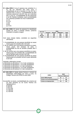 16-18
81. (Ufpe 2005)81. (Ufpe 2005)81. (Ufpe 2005)81. (Ufpe 2005) O vírus X aparece nas variantes X e
X‚. Se um indivíduo tem esse vírus, a
probabilidade de ser a variante X é de 3/5. Se o
indivíduo tem o vírus X, a probabilidade de esse
indivíduo sobreviver é de 2/3; mas, se o indivíduo
tem o vírus X‚, a probabilidade de ele sobreviver
é de 5/6. Nessas condições, qual a probabilidade
de o indivíduo portador do vírus X sobreviver?
a) 1/3
b) 7/15
c) 3/5
d) 2/3
e) 11/15
82. (Ufpr 2008)82. (Ufpr 2008)82. (Ufpr 2008)82. (Ufpr 2008) Um grupo de pessoas foi classificado
quanto ao peso e pressão arterial, conforme
mostrado no quadro a seguir:
Com base nesses dados, considere as seguintes
afirmativas:
1. A probabilidade de uma pessoa escolhida ao acaso
nesse grupo ter pressão alta é de 0,20.
2. Se se verifica que uma pessoa escolhida ao acaso,
nesse grupo, tem excesso de peso, a
probabilidade de ela ter também pressão alta é
de 0,40.
3. Se se verifica que uma pessoa escolhida ao acaso,
nesse grupo, tem pressão alta, a probabilidade de
ela ter também peso normal é de 0,08.
4. A probabilidade de uma pessoa escolhida ao acaso
nesse grupo ter pressão normal e peso deficiente
é de 0,20.
Assinale a alternativa correta.
a) Somente as afirmativas 1, 2 e 3 são verdadeiras.
b) Somente as afirmativas 1, 2 e 4 são verdadeiras.
c) Somente as afirmativas 1 e 3 são verdadeiras.
d) Somente as afirmativas 2, 3 e 4 são verdadeiras.
e) Somente as afirmativas 2 e 3 são verdadeiras.
83. (Ufrrj 2001)83. (Ufrrj 2001)83. (Ufrrj 2001)83. (Ufrrj 2001) A tabela abaixo fornece o número de
estudantes matriculados por sexo e curso, no
Colégio Técnico da UFRRJ no ano 2000.
Ao escolher um aluno, a probabilidade de o mesmo ser
do sexo feminino ou do Curso Técnico em
Agropecuária é
a) 33/109.
b) 98/109.
c) 101/109.
d) 108/109.
e) 120/109.
 