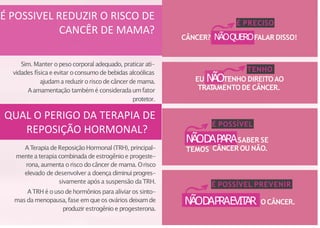 Sim. Manter opesocorporal adequado, praticar ati-
vidades físicae evitar oconsumodebebidas alcoólicas
ajudama reduzir oriscodecâncerde mama.
Aamamentação tambémé consideradaumfator
protetor.
ATerapia deReposiçãoHormonal (TRH), principal-
mentea terapia combinada de estrogênioe progeste-
rona, aumenta orisco docâncer de mama. Orisco
elevado de desenvolver a doença diminuiprogres-
sivamente apósa suspensão daTRH.
ATRH é ousodehormôniospara aliviaros sinto-
masdamenopausa, fase emqueos ovários deixamde
produzir estrogênio e progesterona.
É POSSIVEL REDUZIR O RISCO DE
CANCÊR DE MAMA?
QUAL O PERIGO DA TERAPIA DE
REPOSIÇÃO HORMONAL?
EU NÃOTENHO DIREITOAO
TRAT
AMENTO DE CÂNCER.
CÂNCER? NÃOQUEROFALAR DISSO!
É PRECISO
NÃODAPARASABER SE
TEMOS CÂNCER OU NÃO.
É POSSÍVEL
NÃODAPRAEVIT
AR O CÂNCER.
É POSSÍVEL PREVENIR
TENHO
 