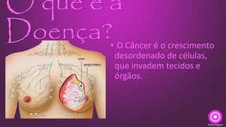 O que é a
Doença?• O Câncer é o crescimento
desordenado de células,
que invadem tecidos e
órgãos.
Enfermagem
 