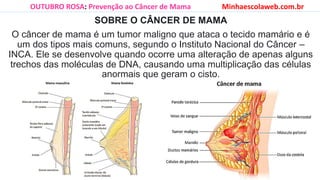 SOBRE O CÂNCER DE MAMA
O câncer de mama é um tumor maligno que ataca o tecido mamário e é
um dos tipos mais comuns, segundo o Instituto Nacional do Câncer –
INCA. Ele se desenvolve quando ocorre uma alteração de apenas alguns
trechos das moléculas de DNA, causando uma multiplicação das células
anormais que geram o cisto.
OUTUBRO ROSA: Prevenção ao Câncer de Mama Minhaescolaweb.com.br
 