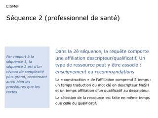 CISMeF 
Séquence 2 (professionnel de santé) 
Par rapport à la 
séquence 1, la 
séquence 2 est d’un 
niveau de complexité 
plus grand, concernant 
aussi bien les 
procédures que les 
textes 
Dans la 2è séquence, la requête comporte 
une affiliation descripteur/qualificatif. Un 
type de ressource peut y être associé : 
enseignement ou recommandations 
La « construction » de l’affiliation comprend 2 temps : 
un temps traduction du mot clé en descripteur MeSH 
et un temps affiliation d’un qualificatif au descripteur. 
La sélection de la ressource est faite en même temps 
que celle du qualificatif. 
 