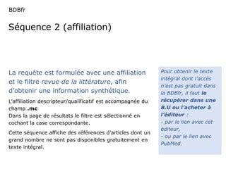BDBfr 
Séquence 2 (affiliation) 
Pour obtenir le texte 
intégral dont l’accès 
n’est pas gratuit dans 
la BDBfr, il faut le 
récupérer dans une 
B.U ou l’acheter à 
l’éditeur : 
- par le lien avec cet 
éditeur, 
- ou par le lien avec 
PubMed. 
La requête est formulée avec une affiliation 
et le filtre revue de la littérature, afin 
d’obtenir une information synthétique. 
L’affiliation descripteur/qualificatif est accompagnée du 
champ .mc 
Dans la page de résultats le filtre est sélectionné en 
cochant la case correspondante. 
Cette séquence affiche des références d’articles dont un 
grand nombre ne sont pas disponibles gratuitement en 
texte intégral. 
 