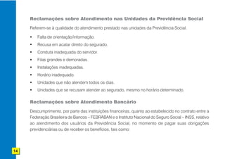 Reclamações sobre Atendimento nas Unidades da Previdência Social

     Referem-se à qualidade do atendimento prestado nas unidades da Previdência Social.

         Falta de orientação/informação.
         Recusa em acatar direito do segurado.
         Conduta inadequada do servidor.
         Filas grandes e demoradas.
         Instalações inadequadas.
         Horário inadequado.
         Unidades que não atendem todos os dias.
         Unidades que se recusam atender ao segurado, mesmo no horário determinado.

     Reclamações sobre Atendimento Bancário

     Descumprimento, por parte das instituições financeiras, quanto ao estabelecido no contrato entre a
     Federação Brasileira de Bancos – FEBRABAN e o Instituto Nacional do Seguro Social – INSS, relativo
     ao atendimento dos usuários da Previdência Social, no momento de pagar suas obrigações
     previdenciárias ou de receber os benefícios, tais como:




14
 