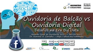 Ouvidoria de Balcão vs
Ouvidoria Digital
Desafios na Era Big Data
Reunião Geral de Ouvidorias 2017 – 14/03/2017
Dr. Rommel N. Carvalho – http://about.me/rommelnc
 