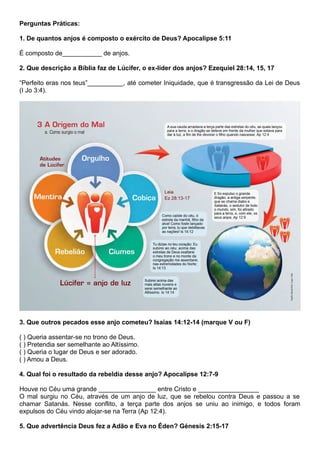 Perguntas Práticas:
1. De quantos anjos é composto o exército de Deus? Apocalipse 5:11
É composto de___________ de anjos.
2. Que descrição a Bíblia faz de Lúcifer, o ex-líder dos anjos? Ezequiel 28:14, 15, 17
“Perfeito eras nos teus”__________, até cometer Iniquidade, que é transgressão da Lei de Deus
(I Jo 3:4).
3. Que outros pecados esse anjo cometeu? Isaías 14:12-14 (marque V ou F)
( ) Queria assentar-se no trono de Deus.
( ) Pretendia ser semelhante ao Altíssimo.
( ) Queria o lugar de Deus e ser adorado.
( ) Amou a Deus.
4. Qual foi o resultado da rebeldia desse anjo? Apocalipse 12:7-9
Houve no Céu uma grande ________________ entre Cristo e _________________
O mal surgiu no Céu, através de um anjo de luz, que se rebelou contra Deus e passou a se
chamar Satanás. Nesse conflito, a terça parte dos anjos se uniu ao inimigo, e todos foram
expulsos do Céu vindo alojar-se na Terra (Ap 12:4).
5. Que advertência Deus fez a Adão e Eva no Éden? Génesis 2:15-17
 