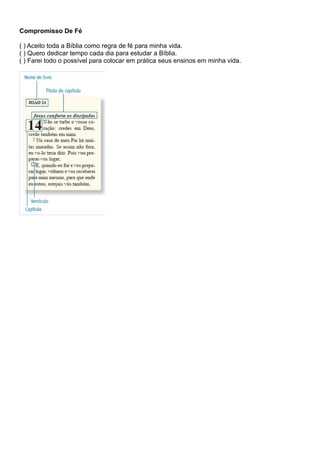 Compromisso De Fé
( ) Aceito toda a Bíblia como regra de fé para minha vida.
( ) Quero dedicar tempo cada dia para estudar a Bíblia.
( ) Farei todo o possível para colocar em prática seus ensinos em minha vida.
 
