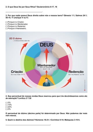 2. O que Deus fez por Seus filhos? Deuteronômio 8:17, 18
___________________________________.
3. Por que razão possui Deus direito sobre nós e nossos bens? Gênesis 1:1; Salmos 24:1;
50:10, 11 (marque V ou F)
( ) Porque é o Criador.
( ) Porque é o Mantenedor.
( ) Porque é o Redentor.
( ) Porque é Interesseiro.
4. Que percentual de nossas rendas Deus reservou para que Lhe devolvêssemos como ato
de adoração? Levítico 2 7:30
( ) 5%
( ) 10%
( ) 20%
( ) 0%
O percentual do dízimo (décima parte) foi determinado por Deus. Não podemos dar mais
nem menos.
5. Qual é o destino dos dízimos? Números 18:21; I Coríntios 9:14; Malaquias 3:10 6.
___________________________________________.
 