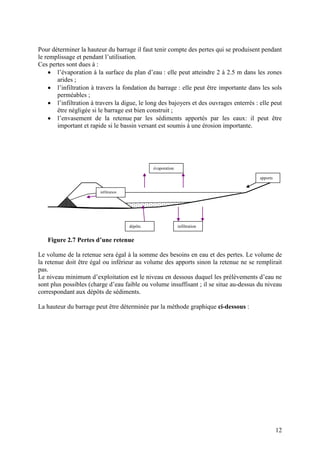 12
Pour déterminer la hauteur du barrage il faut tenir compte des pertes qui se produisent pendant
le remplissage et pendant l’utilisation.
Ces pertes sont dues à :
l’évaporation à la surface du plan d’eau : elle peut atteindre 2 à 2.5 m dans les zones
arides ;
l’infiltration à travers la fondation du barrage : elle peut être importante dans les sols
perméables ;
l’infiltration à travers la digue, le long des bajoyers et des ouvrages enterrés : elle peut
être négligée si le barrage est bien construit ;
l’envasement de la retenue par les sédiments apportés par les eaux: il peut être
important et rapide si le bassin versant est soumis à une érosion importante.
Figure 2.7 Pertes d’une retenue
Le volume de la retenue sera égal à la somme des besoins en eau et des pertes. Le volume de
la retenue doit être égal ou inférieur au volume des apports sinon la retenue ne se remplirait
pas.
Le niveau minimum d’exploitation est le niveau en dessous duquel les prélèvements d’eau ne
sont plus possibles (charge d’eau faible ou volume insuffisant ; il se situe au-dessus du niveau
correspondant aux dépôts de sédiments.
La hauteur du barrage peut être déterminée par la méthode graphique ci-dessous :
apports
évaporation
infiltrationdépôts
infiltration
 