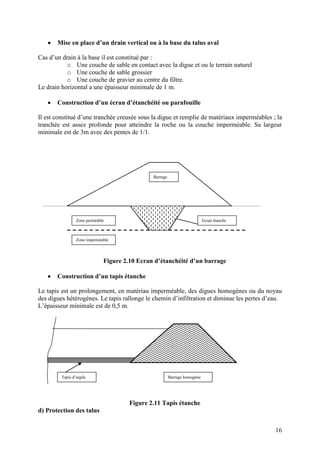16
Mise en place d’un drain vertical ou à la base du talus aval
Cas d’un drain à la base il est constitué par :
o Une couche de sable en contact avec la digue et ou le terrain naturel
o Une couche de sable grossier
o Une couche de gravier au centre du filtre.
Le drain horizontal a une épaisseur minimale de 1 m.
Construction d’un écran d’étanchéité ou parafouille
Il est constitué d’une tranchée creusée sous la digue et remplie de matériaux imperméables ; la
tranchée est assez profonde pour atteindre la roche ou la couche imperméable. Sa largeur
minimale est de 3m avec des pentes de 1/1.
Figure 2.10 Ecran d’étanchéité d’un barrage
Construction d’un tapis étanche
Le tapis est un prolongement, en matériau imperméable, des digues homogènes ou du noyau
des digues hétérogènes. Le tapis rallonge le chemin d’infiltration et diminue les pertes d’eau.
L’épaisseur minimale est de 0,5 m.
Figure 2.11 Tapis étanche
d) Protection des talus
Barrage homogèneTapis d’argile
Ecran étancheZone perméable
Zone imperméable
Barrage
 