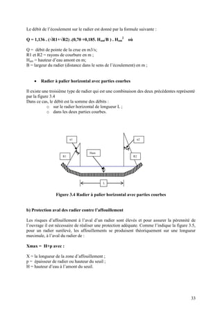 33
Le débit de l’écoulement sur le radier est donné par la formule suivante :
Q = 1,136 . (√R1+√R2) .(0,70 +0,185. Ham/B ) . Ham
2
où
Q = débit de pointe de la crue en m3/s;
R1 et R2 = rayons de courbure en m ;
Ham = hauteur d’eau amont en m;
B = largeur du radier (distance dans le sens de l’écoulement) en m ;
Radier à palier horizontal avec parties courbes
Il existe une troisième type de radier qui est une combinaison des deux précédentes représenté
par la figure 3.4
Dans ce cas, le débit est la somme des débits :
o sur le radier horizontal de longueur L ;
o dans les deux parties courbes.
Figure 3.4 Radier à palier horizontal avec parties courbes
b) Protection aval des radier contre l’affouillement
Les risques d’affouillement à l’aval d’un radier sont élevés et pour assurer la pérennité de
l’ouvrage il est nécessaire de réaliser une protection adéquate. Comme l’indique la figure 3.5,
pour un radier surélevé, les affouillements se produisent théoriquement sur une longueur
maximale, à l’aval du radier de :
Xmax = H+p avec :
X = la longueur de la zone d’affouillement ;
p = épaisseur de radier ou hauteur du seuil ;
H = hauteur d’eau à l’amont du seuil.
L
Ham
R2R1
α1 α2
 