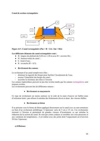 46
Canal de section rectangulaire
Figure 4.5 : Canal rectangulaire (Pm = B + 2.h ; Sm = B.h)
Les différents éléments du canal rectangulaire sont :
B : largeur du plafond (de 0,20 m à 1,50 m avec B = environ 2h) ;
H : hauteur totale du canal ;
h : tirant d’eau ;
R : revanche (R = h/3)
Revêtement des canaux
Le revêtement d’un canal remplit trois rôles :
- diminuer la rugosité des berges pour faciliter l’écoulement de l’eau;
- assurer l’étanchéité des berges du canal ;
- accroitre la résistance des talus à l’érosion
Les canaux trapézoïdaux peuvent ne pas être revêtus tandis que les canaux rectangulaires sont
toujours revêtus.
Les revêtements peuvent être de différentes natures :
Revêtement en maçonnerie
Ce type de revêtement est moins onéreux (si le coût de la main d’œuvre est faible) mais
d’exécution lente ; par ailleurs il entraîne des frottements élevés et donc des vitesses faibles.
Revêtement en béton
Il se présente sous la forme de béton appliqué directement sur le canal avec ou sans armatures
ou bien d’un revêtement préfabriqué. L’épaisseur varie de 5 cm à 15 cm. Ces revêtements
résistent à l’érosion et permettent de grandes vitesses d’écoulement, ce qui entraîne la
réduction de la section du canal. Ils sont par contre coûteux et sensibles aux sous-pressions et
aux variations de températures ; il est réalisé avec des joints dont l’espacement est d’environ
50 fois l’épaisseur.
c) Efficience
H
h
R
B
radier
paroi
Béton de propreté
remblai
 