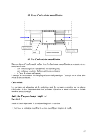 52
4.8 Coupe d’un bassin de tranquillisation
4.9 Vue d’un bassin de tranquillisation
Dans un réseau d’écoulement à surface libre, les bassins de tranquillisation se rencontrent aux
endroits suivants :
- aux sorties des prises d’eau (prise d’eau de barrages) ;
- aux sorties de conduites d’alimentation par pompage ;
- à l’aval de chutes sur le canal.
L’énergie de l’écoulement est dissipée par le ressaut hydraulique; l’ouvrage est en béton pour
éviter les affouillements.
Conclusion
Les ouvrages de régulation et de protection sont des ouvrages essentiels sur un réseau
d’irrigation ; le bon fonctionnement d’un périmètre dépend de la bonne réalisation et du bon
entretien de ces ouvrages.
Activités d’apprentissage chapitre 4
Exercice4. 1
Soient le canal trapézoïdal et le canal rectangulaire ci-dessous.
1) Exprimez le périmètre mouillé et la section mouillée en fonction de b et h.
Canal d’entrée
seuil Bassin d’amortissement
Canal de sortie
 