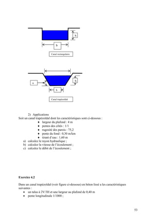 53
2) Applications
Soit un canal trapézoïdal dont les caractéristiques sont ci-dessous :
largeur du plafond : 4 m
pentes des côtés : 1/1
rugosité des parois : 75,2
pente du fond : 0,30 m/km
tirant d’eau : 1,60 m
a) calculez le rayon hydraulique ;
b) calculez la vitesse de l’écoulement ;
c) calculez le débit de l’écoulement ;
Exercice 4.2
Dans un canal trapézoïdal (voir figure ci-dessous) en béton lissé a les caractéristiques
suivantes :
un talus à 2V/3H et une largeur au plafond de 0,40 m
pente longitudinale 1/1000 ;
b
h
Canal trapézoïdal
α
b
h
Canal rectangulaire
 