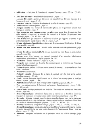 58
Infiltration : pénétration de l’eau dans le corps de l’ouvrage ; pages 12 ; 14 ; 15 ; 16 ;
21 ;
Joue d’un déversoir : paroi latérale du déversoir ; pages 47 ;
Largeur déversante : partie du déversoir sur laquelle l’eau déverse, équivaut à la
longueur du seuil ; page 48 ;49 ;
Longueur en crête : longueur développée de la crête du barrage ; page 60 ;
Mare : étendue d’eau stagnante ; page 23.
Masque amont : zone mince et imperméable placée sur le parement amont d’un
barrage en remblai ; pages 9.
Mur bajoyer ou mur guideau ou mur en ailes : mur latéral d’un déversoir ou d’un
dalot destiné à supporter la poussée du remblai et à diriger l’écoulement sous
l’ouvrage; pages 35, 36, 37, 39, 42,49.
Mur de tête: mur qui surplombe le piédroit d’un dalot, qui supporte le remblai et qui
permet de signaler la présence de celui-ci ; pages 36, 39.
Niveau minimum d’exploitation : niveau en dessous duquel l’utilisation de l’eau
n’est possible ; page 12.
Niveau des plus hautes eaux : niveau atteint lors des crues exceptionnelles ; page
14 ;
Niveau de retenue normale (R.N): niveau maximal du plan d’eau en exploitation
normale ; page 14 ;
Noyau : zone d’un barrage en remblai constitué d’un matériau relativement
imperméable, généralement l’argile ; pages 9, 14, 16 ;
Parafouille : écran d’étanchéité ; pages 9, 16, 50 ;
Parapet : mur construit sur la crête du parement pour la protection de l’ouvrage
contre le batillage ; page 60 ;
Parement: pente ou face extérieure amont ou aval du barrage* ; pente des berges d’un
canal ; voir talus
Percolation : infiltration ;
Périmètre mouillé : longueur de la ligne de contact entre le fond et la section
mouillée ; pages 4 ; 38 ; 44 ;
Perré : pierres disposées régulièrement sur le talus d’un ouvrage pour le protéger
contre l’érosion ; pages 17 ; 39 ;
Piédroits : murs verticaux d’un ouvrage (dalot ou pont) ; pages 35, 36 ; 39 ;
Pont : ouvrage permettent de franchir à sec les cours d’eau importants ; pages 5 ; 31 ;
39 ; 40 ; 41; 42 ;
Prise d’eau : ouvrage permettant de prélever l’eau dans une retenue ou dans une
rivière ; page 19 ;
Renard hydraulique : infiltration d’eau dans le remblai ou la fondation suivie de
transport de matériaux pouvant créer un orifice entre l’amont et l’aval ; page 21 ;
Revanche : distance verticale entre le niveau des plus hautes eaux ou le niveau de
retenue normale et la crête du barrage ; distance entre le niveau maximum d’eau dans
un canal et le sommet de la paroi ; pages 4 ; 15 ; 37 ; 38 ; 45 ; 46 ; 59 ;
Retenue : lac artificiel créé par un barrage ; pages 4 ; 10 ; 11 ; 12 ; 14 ; 19 ; 22 ; 29 ;
Ressaut hydraulique : surélévation de la surface libre d’un courant lorsqu’un régime
torrentiel devient fluvial sur une coute distance ; il s’accompagne d’une perte de
charge ; pages 51 ; 52 ;
Risberme : banquette horizontale sur le parement amont ou aval du barrage ; page
60 ;
 
