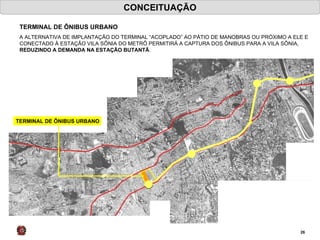 CONCEITUAÇÃO TERMINAL DE ÔNIBUS URBANO A ALTERNATIVA DE IMPLANTAÇÃO DO TERMINAL “ACOPLADO” AO PÁTIO DE MANOBRAS OU PRÓXIMO A ELE E CONECTADO À ESTAÇÃO VILA SÔNIA DO METRÔ PERMITIRÁ A CAPTURA DOS ÔNIBUS PARA A VILA SÔNIA,  REDUZINDO A DEMANDA NA ESTAÇÃO BUTANTÃ . TERMINAL DE ÔNIBUS URBANO 