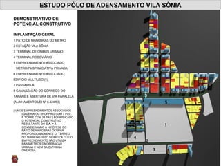 ESTUDO PÓLO DE ADENSAMENTO VILA SÔNIA 1 2 3 4 5 6 7 8 IMPLANTAÇÃO GERAL 1 PATIO DE MANOBRAS DO METRÔ 2 ESTAÇÃO VILA SÔNIA 3 TERMINAL DE ÔNIBUS URBANO 4 TERMINAL RODOVIÁRIO 5 EMPREENDIMENTO ASSOCIADO: METRÔ/PMSP/INICIATIVA PRIVADA) 6 EMPREENDIMENTO ASSOCIADO:  EDIFÍCIO MULTIUSO (*) 7 PASSARELA 8 CANALIZAÇÃO DO CÓRREGO DO  TARARÉ E ABERTURA DE VIA PARALELA (ALINHAMENTO LEI Nº 6.424/63) (*) NOS EMPREENDIMENTOS ASSOCIADOS (GALERIA OU SHOPPING COM 7 PAV. E TORRE COM 38 PAV.) FOI APLICADO O POTENCIAL CONSTRUTIVO RESULTANTE DO  C.A. = 2 , CONSIDERANDO A HIPÓTESE DO PÁTIO DE MANOBRAS OCUPAR PROPORCIONALMENTE O “TÉRREO” DO TERRENO. ISSO SIGNIFICA QUE O EMPREENDIMENTO NÃO UTILIZA PARÂMETROS DA OPERAÇÃO URBANA E NEM DA OUTORGA ONEROSA. DEMONSTRATIVO DE POTENCIAL CONSTRUTIVO 