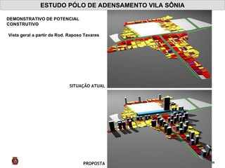 ESTUDO PÓLO DE ADENSAMENTO VILA SÔNIA SITUAÇÃO ATUAL PROPOSTA Vista geral a partir da Rod. Raposo Tavares DEMONSTRATIVO DE POTENCIAL CONSTRUTIVO 