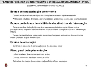 PLANO-REFERÊNCIA DE INTERVENÇÃO E ORDENAÇÃO URBANÍSTICA - PRIOU Estudo de caracterização do território  Contextualização e caracterização das condições urbanas da região em estudo Análise dos estudos e diretrizes a serem propostas  (problemas, pendências, potencialidades) Estudo preliminar e de viabilidade das diretrizes de intervenção Caracterização e definição técnica de propostas arquitetônicas, urbanísticas, civis e paisagísticas do Programa de Investimentos Públicos diretos —projetos e obras— da Operação Urbana Estudo da viabilidade de implantação: especificações gerais, estimativas de quantidades, custos, prazos e etapas de realização Estudo de ordenação Cenários de potencial de construção nova dos setores e pólos Plano geral de implementação Linhas prováveis de encadeamento das ações Guia de prioridades de ordem técnica e social Estimativa dos custos decorrentes e os benefícios-efeitos esperados (DESENVOLVIDO POR ESCRITÓRIO TÉCNICO) 