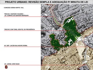 PROJETO URBANO: REVISÃO SEMPLA E ADEQUAÇÃO P/ MINUTA DE LEI CONEXÃO VIÁRIA NORTE / SUL TRECHO 1 RAPOSO TAVARES – AV. CORIFEU DE AZEVEDO MARQUES TRECHO 2 EM TÚNEL SOB PQ. DA PREVIDÊNCIA AV. DEP.  JACOB SALVADOR ZVEIBIL   AV. JORGE JOÃO SAAD  
