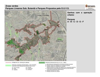 Áreas verdes
Parques Lineares Sub. Butantã e Parques Propostos pela O.U.V.S.

                                                             Ganhos com a operação
                                                             urbana:

                                                             Parques
                                                             A-B-C-D-E-F
 