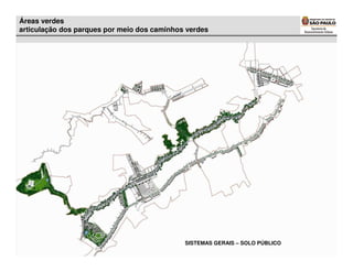 Áreas verdes
articulação dos parques por meio dos caminhos verdes




                                             SISTEMAS GERAIS – SOLO PÚBLICO
 