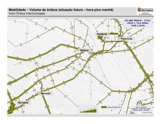 Mobilidade – Volume de ônibus (situação futura – hora pico manhã)
Inclui Ônibus Intermunicipais




                                                      Pinheiros

                                                                    Faria Lima




                                            Butantã




                         Morumbi



      Vila Sônia
 