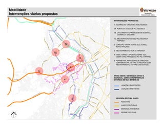 Mobilidade
Intervenções viárias propostas
                                                  INTERVENÇÕES PROPOSTAS:

                                                  1. "COMPLEXO" JAGUARÉ / POLITÉCNICA:

                                                  1A. PONTE AV. ESCOLA POLITÉCNICA

                                                  1B. CRUZAMENTO (PASSAGEM EM DESNÍVEL)
                                                      CORIFEU X JAGUARÉ

                                                  1C. MELHORIA DO ACESSO POLITÉCNICA
                                                      RAPOSO

                                 1a               2. CONEXÃO VIÁRIA NORTE-SUL (TÚNEL)
                                                     NOVO TRAÇADO

                                                  3. MELHORAMENTO RUA ALVARENGA
                           1b
                                                  4. "ANEL VIÁRIO": APOIO AO TERM. VILA
                                                      SÔNIA (VIAS PARALELAS AO PQ. ITARARÉ)
                                              3
                                                  5. PERIMETRAL PARAISÓPOLIS (TRECHOS
                                                     COM ABERTURA DE VIAS E TRECHOS COM
                                                     MELHORAMENTO DE VIAS EXISTENTES)
                                      2
                 1c
                                                  APOIO OESTE: SISTEMA DE APOIO A
                                                  MARGINAL, COM CARACTERÍSTICAS
                                 4                DIVERSAS EM SUA EXTENSÃO


                                                         LIGAÇÕES EXISTENTES

                                                         LIGAÇÕES PREVISTAS




                                          5         LEGENDA SISTEMA VIÁRIO

                                                         RODOVIAS

                                                         VIAS ESTRUTURAIS

                                                         MARGINAL PINHEIROS

                                                         PERÍMETRO OUVS
 