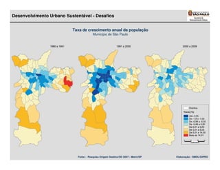 Desenvolvimento Urbano Sustentável - Desafios


                          Taxa de crescimento anual da população
                                       Município de São Paulo




                            Fonte : Pesquisa Origem Destino/OD 2007 - Metrô/SP   Elaboração : SMDU/DIPRO
 