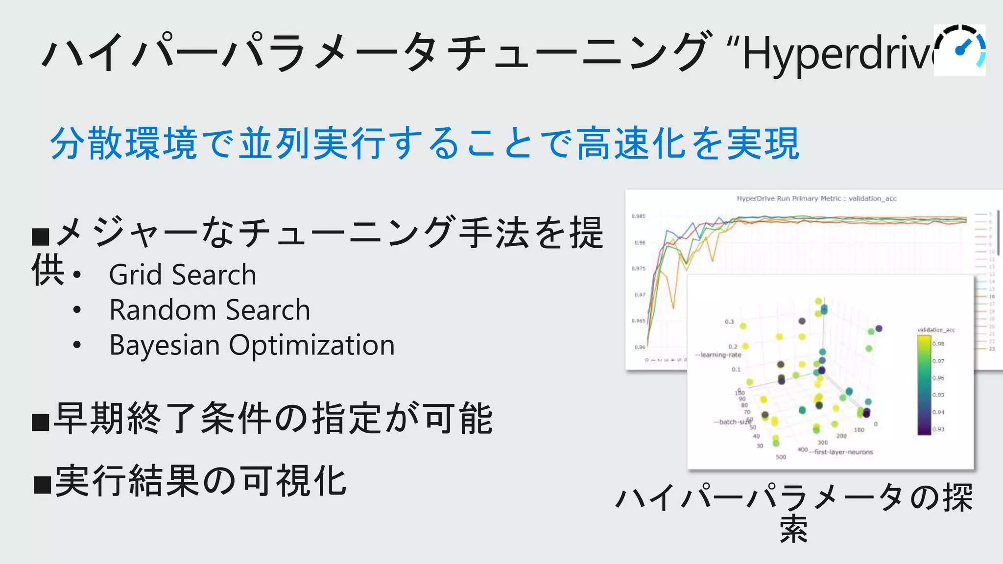 分散環境で並列実行することで高速化を実現
 