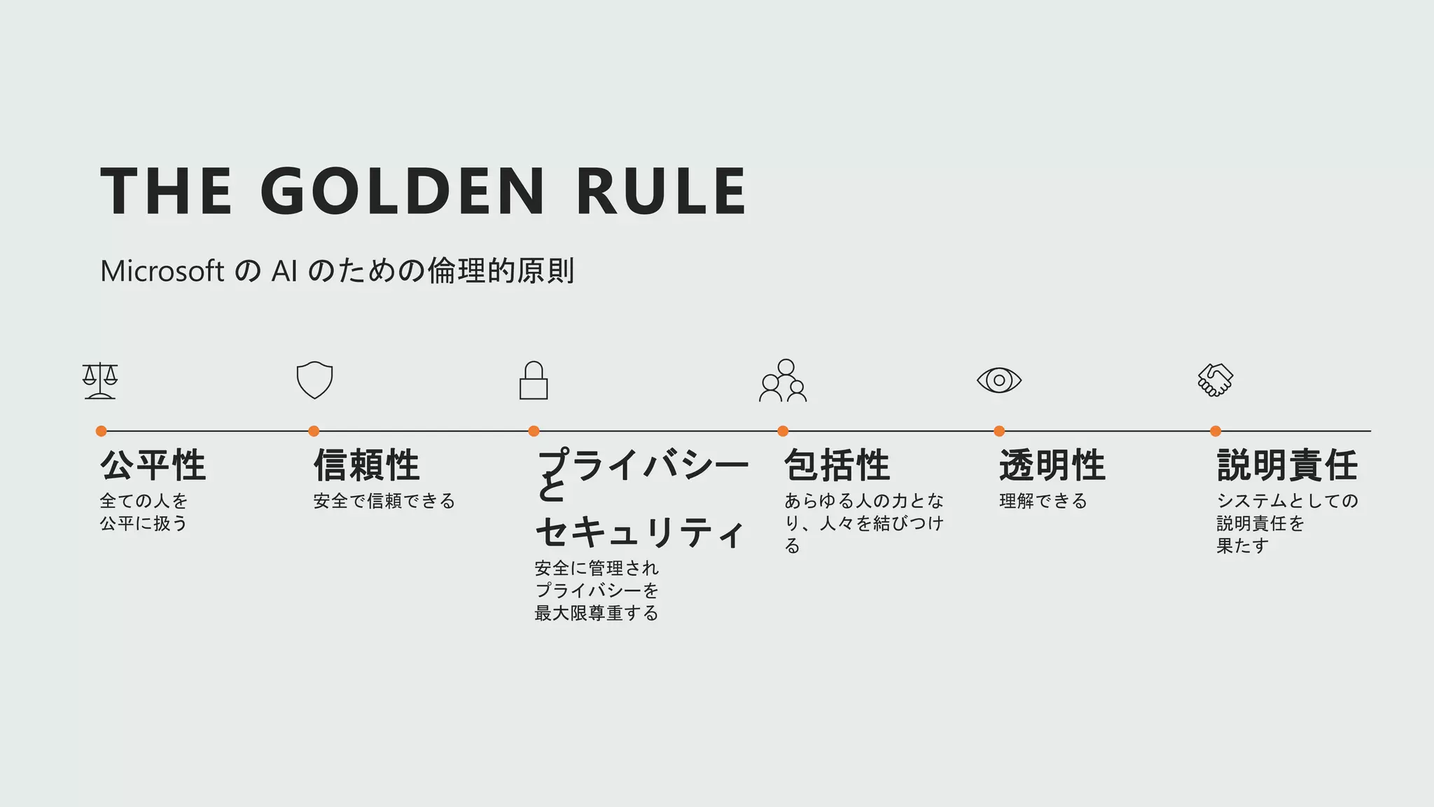 信頼性
安全で信頼できる
透明性
理解できる
包括性
あらゆる人の力とな
り、人々を結びつけ
る
プライバシー
と
セキュリティ
安全に管理され
プライバシーを
最大限尊重する
公平性
全ての人を
公平に扱う
THE GOLDEN RULE
Microsoft の AI のための倫理的原則
説明責任
システムとしての
説明責任を
果たす
 